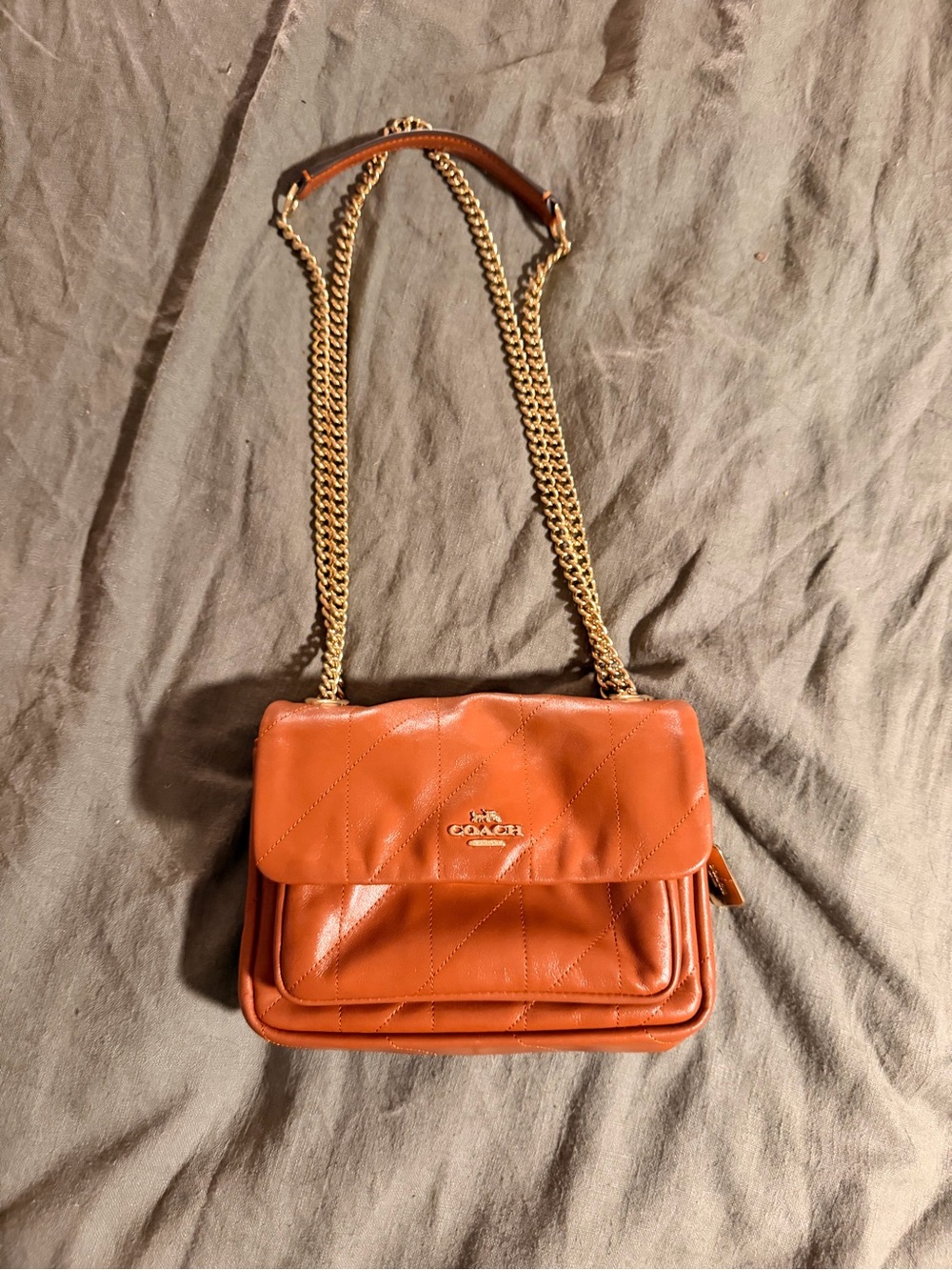 Coach Elodie Quilted Shoulder Bag in Cognac Brown with Gold Chain